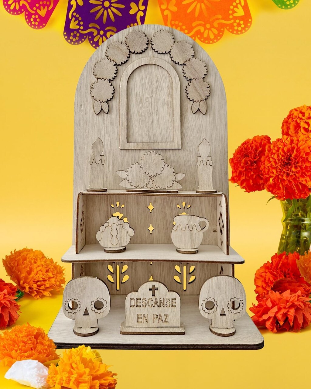 Dia De Los Muertos Altar with Altar Supplies 25pcs Coloured Wood(Woody)4.3"D x 7"W x 11.8"H